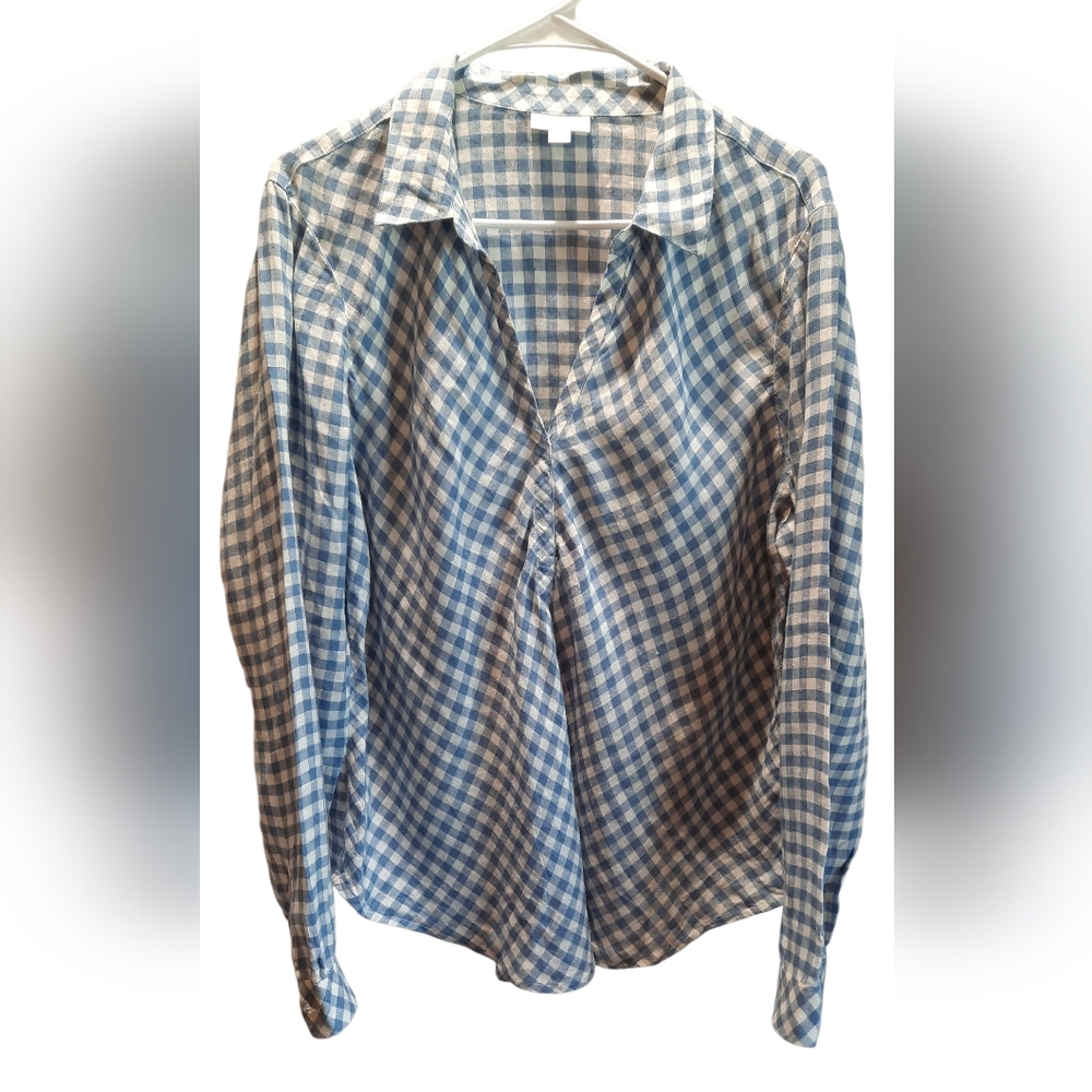 J.Jill Blouse Womans Large Blue White Plaid Linen Preppy Beach Classic Casual